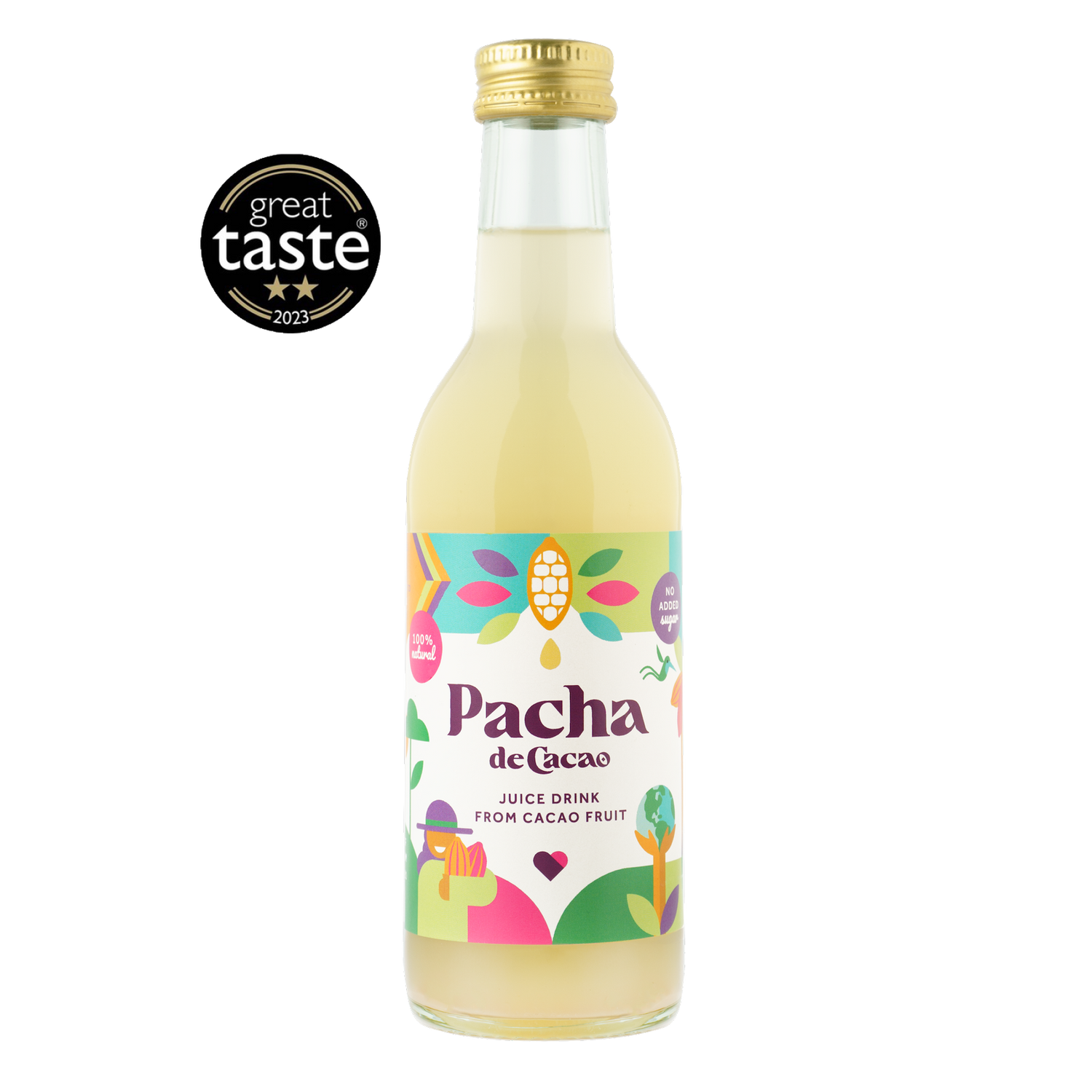 Product image of the front of the Pacha de Cacao bottle with Great Taste logo