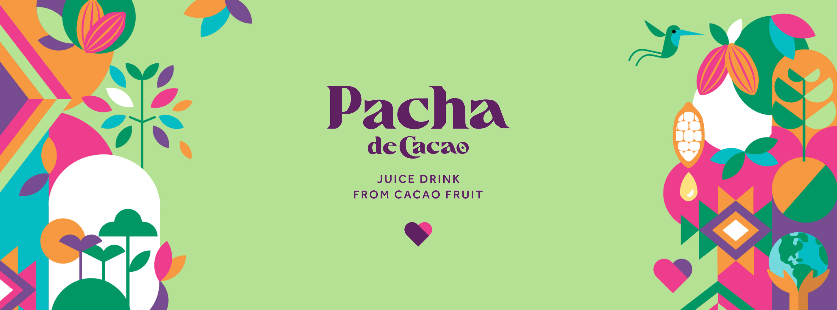 Banner with graphics and logo of Pacha de Cacao