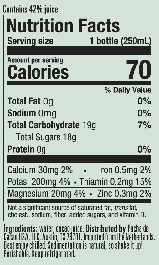 Label that provides all the nutrition facts for Pacha de Cacao juice