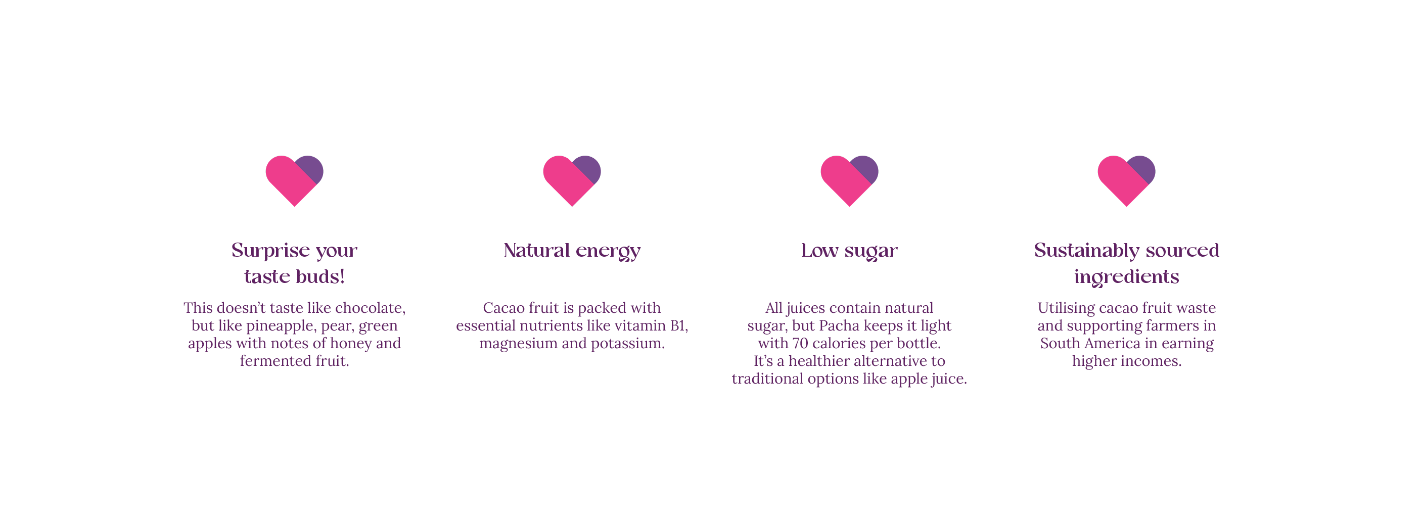 Banner image that visualises the unique selling points of Pacha de Cacao